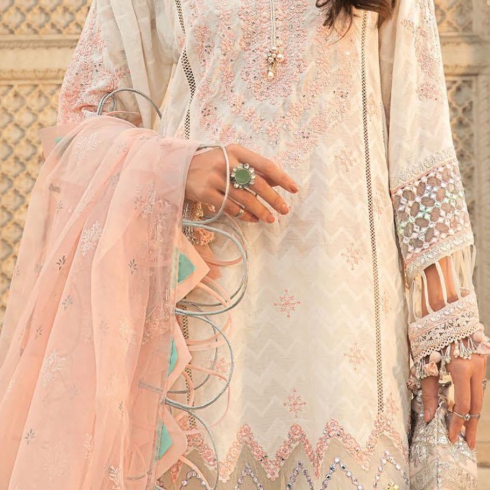 Elegant Cream and Pink Embroidered Dress